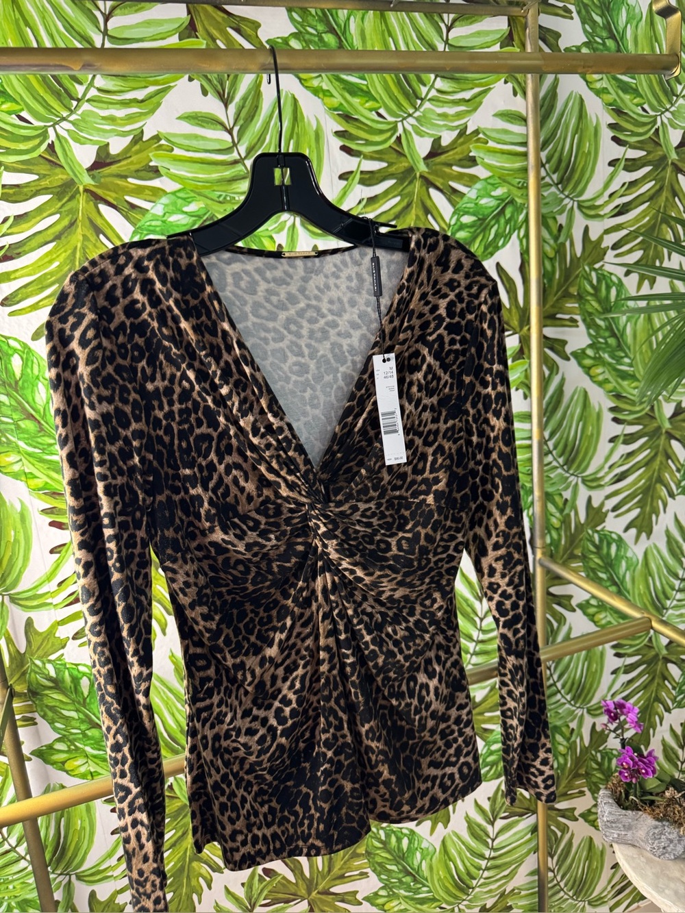 Elie Tahari Brown and Black Leopard Twist-Front Long Sleeve Top